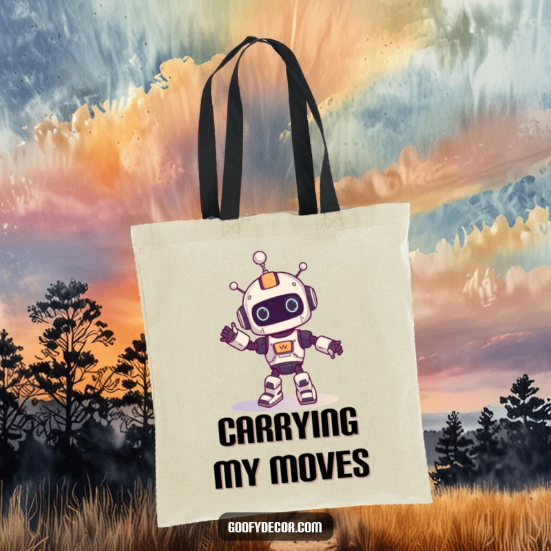 Funny tote bag showcasing a robot character doing a funny spinning dance, ideal for carrying items with a laugh.