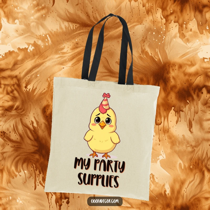 Funny tote bag showcasing a bewildered rubber chicken attendee wearing a minuscule party hat.
