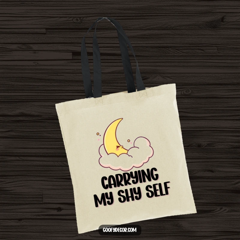 Funny shy moon tote bag featuring a cute crescent moon peeking from a cloud, ideal for carrying books or daily items with gentle charm.