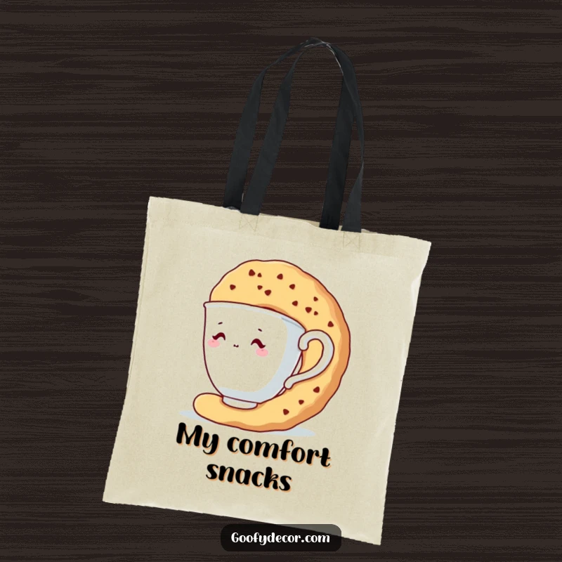 Funny tote bag featuring a shy teacup character peeking from behind a large biscuit.