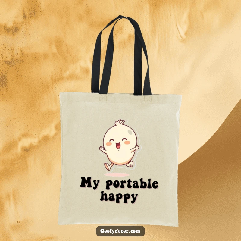 Funny tote bag depicting a small, round character enthusiastically skipping, ready to carry your essentials with a dose of cheerful energy.