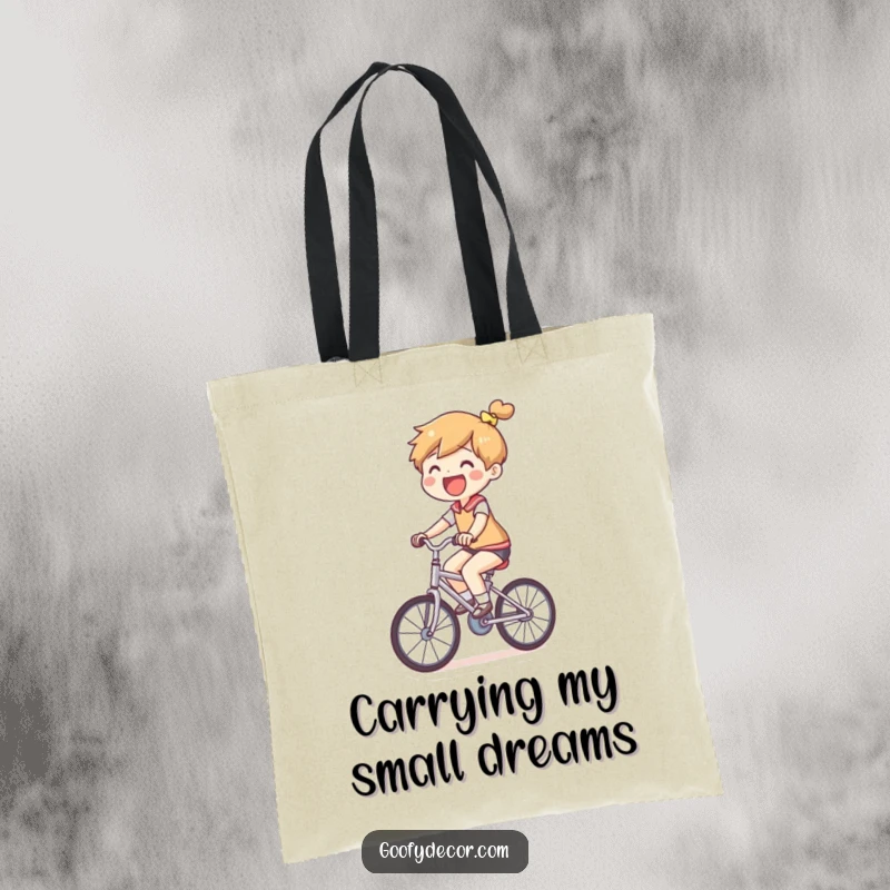 Funny Small Bicycle Tote Bag featuring a joyful character riding a comically small bicycle, perfect for carrying items with humor.