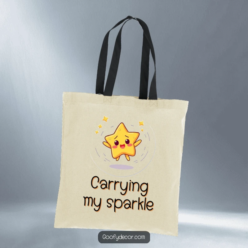 Funny tote bag with a startled star character spinning rapidly in a dizzying dance, perfect for daily use.