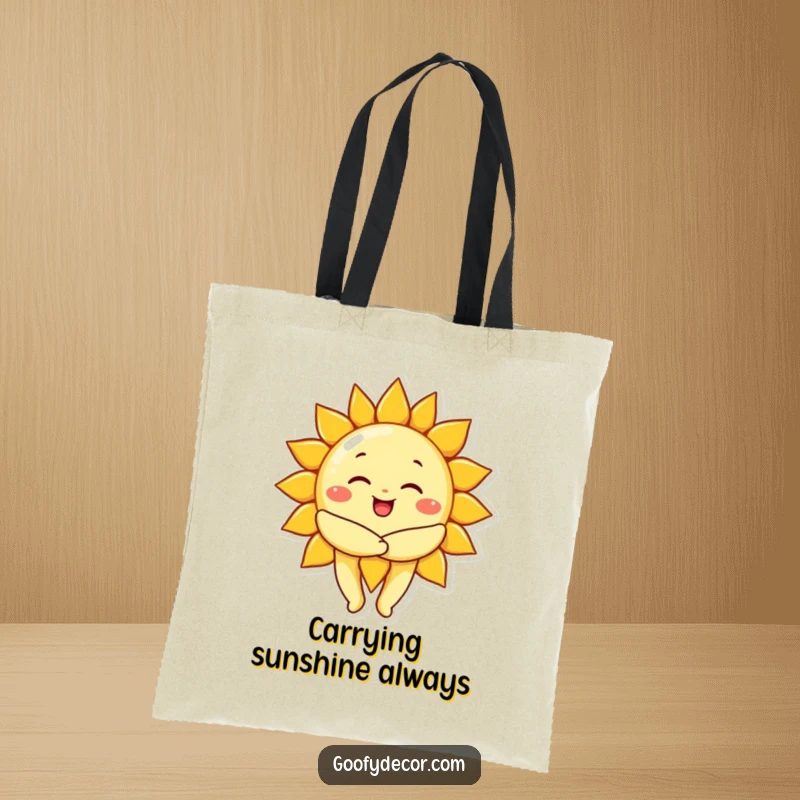 Funny cheerful sun character giving a big, warm hug, featured on a tote bag for carrying warmth and smiles.