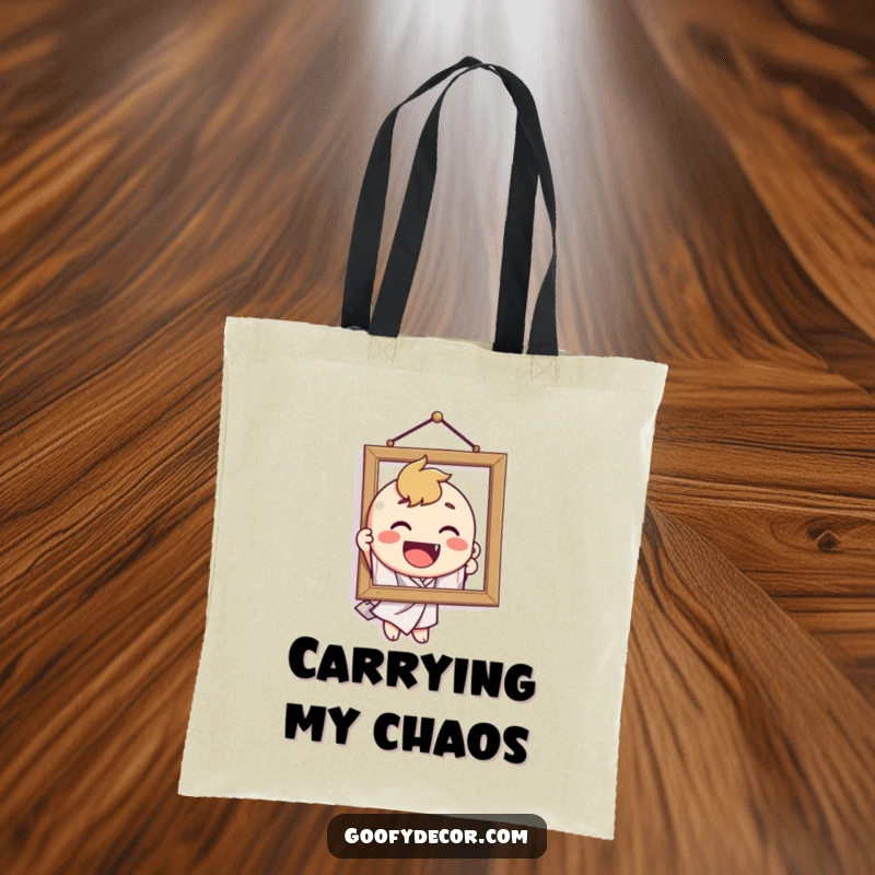 Funny tote bag with a delighted character hilariously hanging a crooked picture, a humorous accessory for home decor lovers.