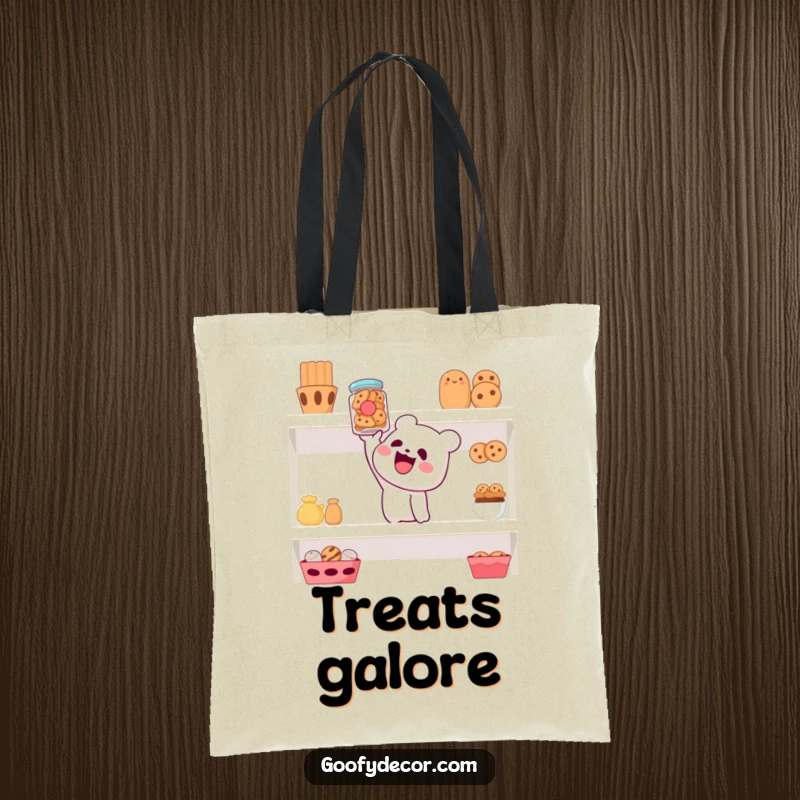 Funny tote bag with a cheerful character reaching for a cookie jar on a high shelf, a humorous accessory for snack enthusiasts.
