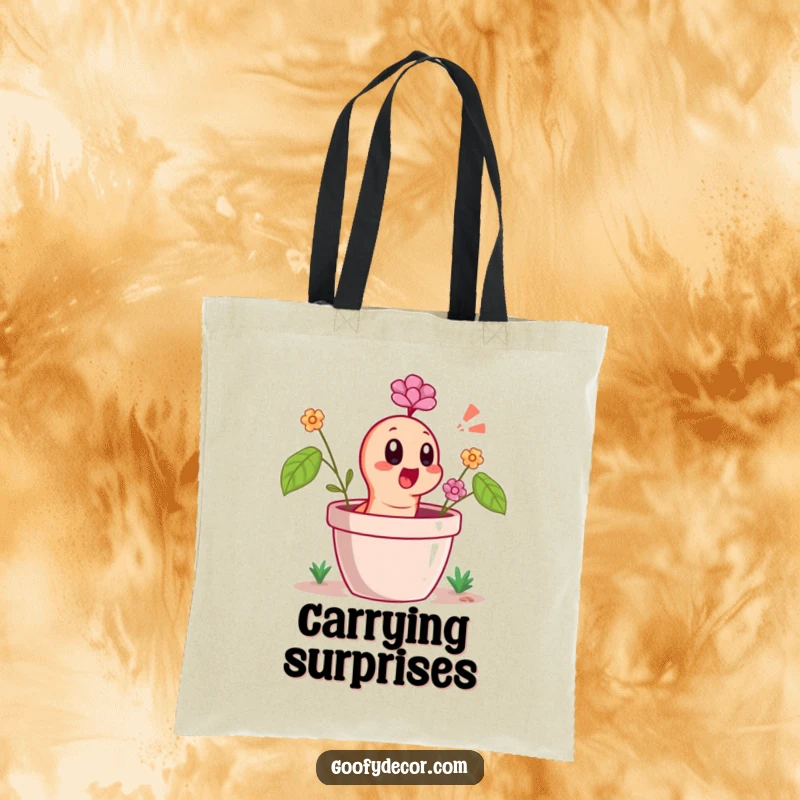 Funny Tote Bag showcasing a cheerful worm character popping out of a flower pot with a surprised gasp, perfect for garden errands.