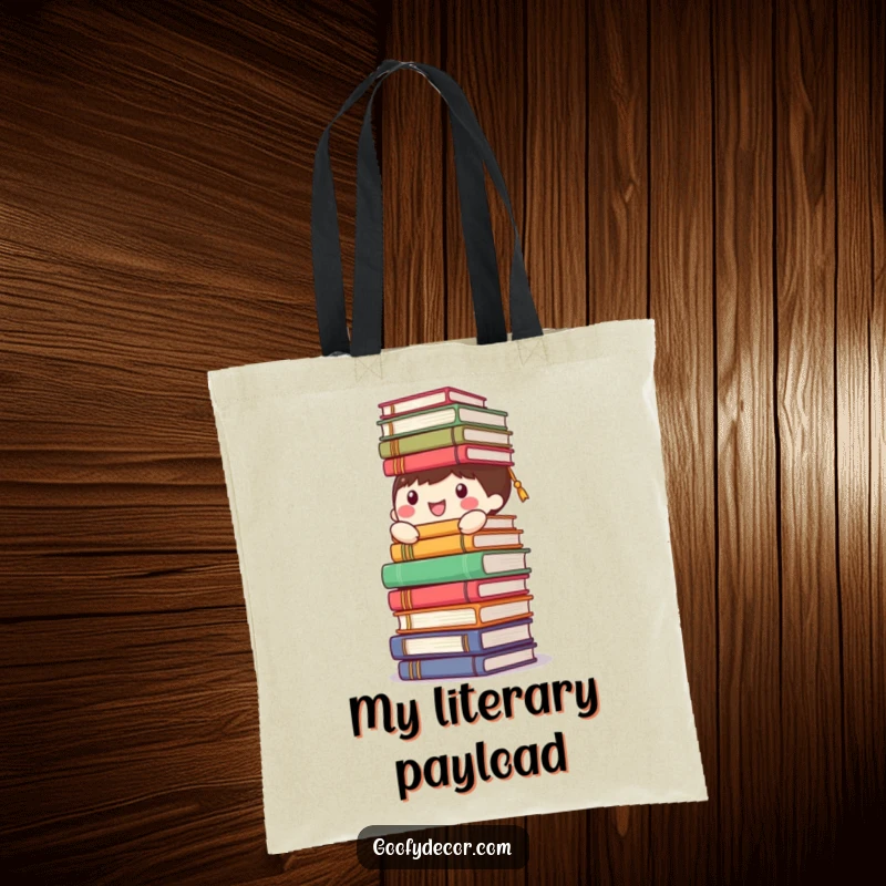 Funny happy character tote bag, hilariously balancing a tall stack of books, perfect for carrying literature with humor.