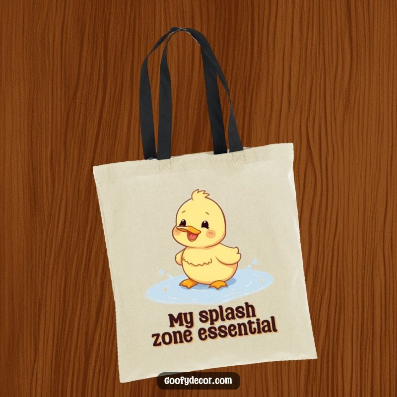 Funny duckling tote bag featuring a joyful duckling splashing happily in a puddle, perfect for carrying daily items.