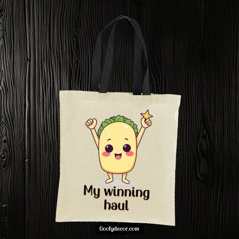 Funny tote bag featuring a triumphant taco character striking a confident victory pose.