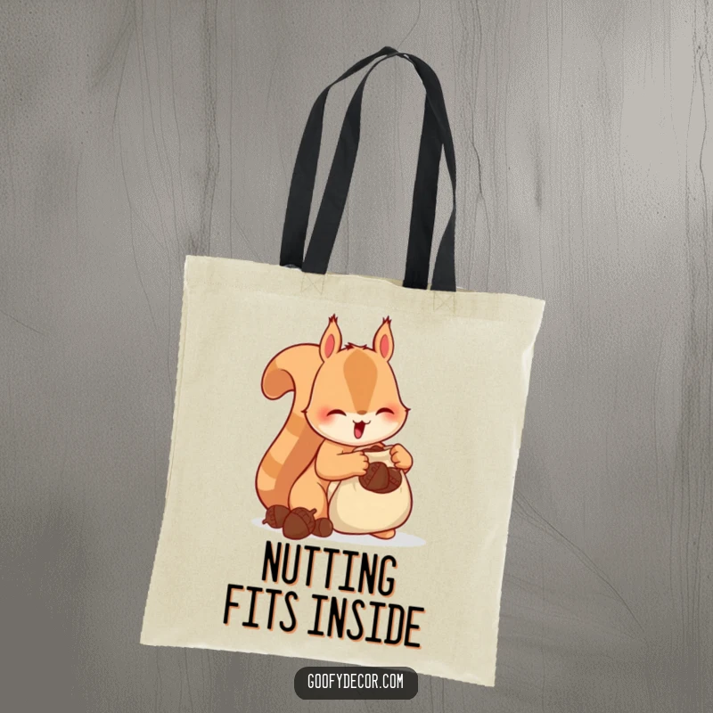 Funny Squirrel Tote Bag showcasing a happy squirrel excitedly stuffing acorns into a tiny bag, ideal for stylish and humorous errands.