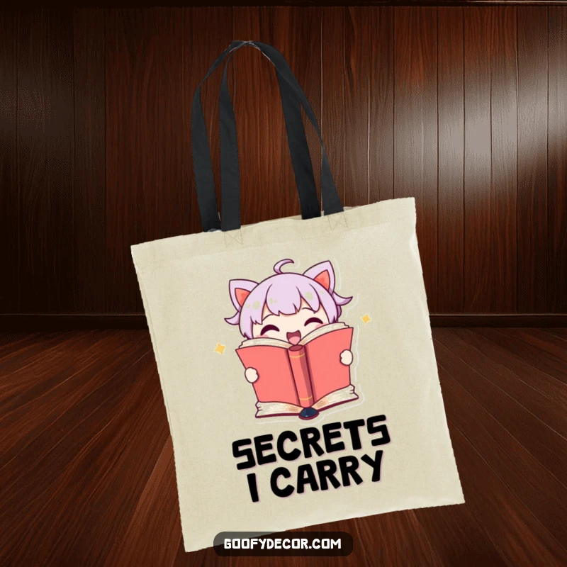 Funny tote bag featuring a cute book character excitedly opening pages to reveal a hidden secret, great for carrying books.