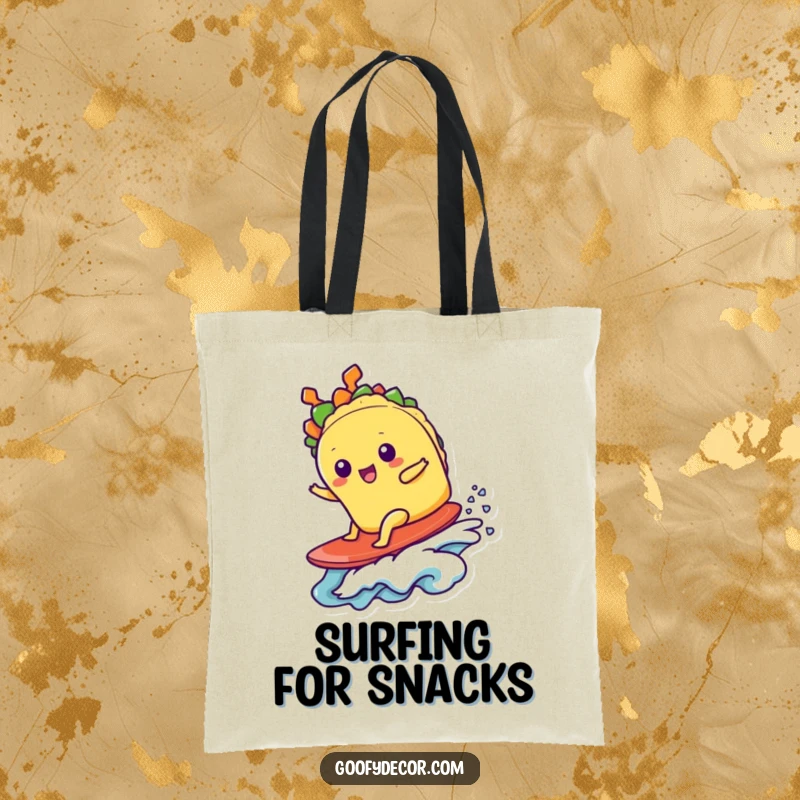 Funny kawaii taco character riding a surfboard on a tiny wave, featured on a durable and stylish tote bag.